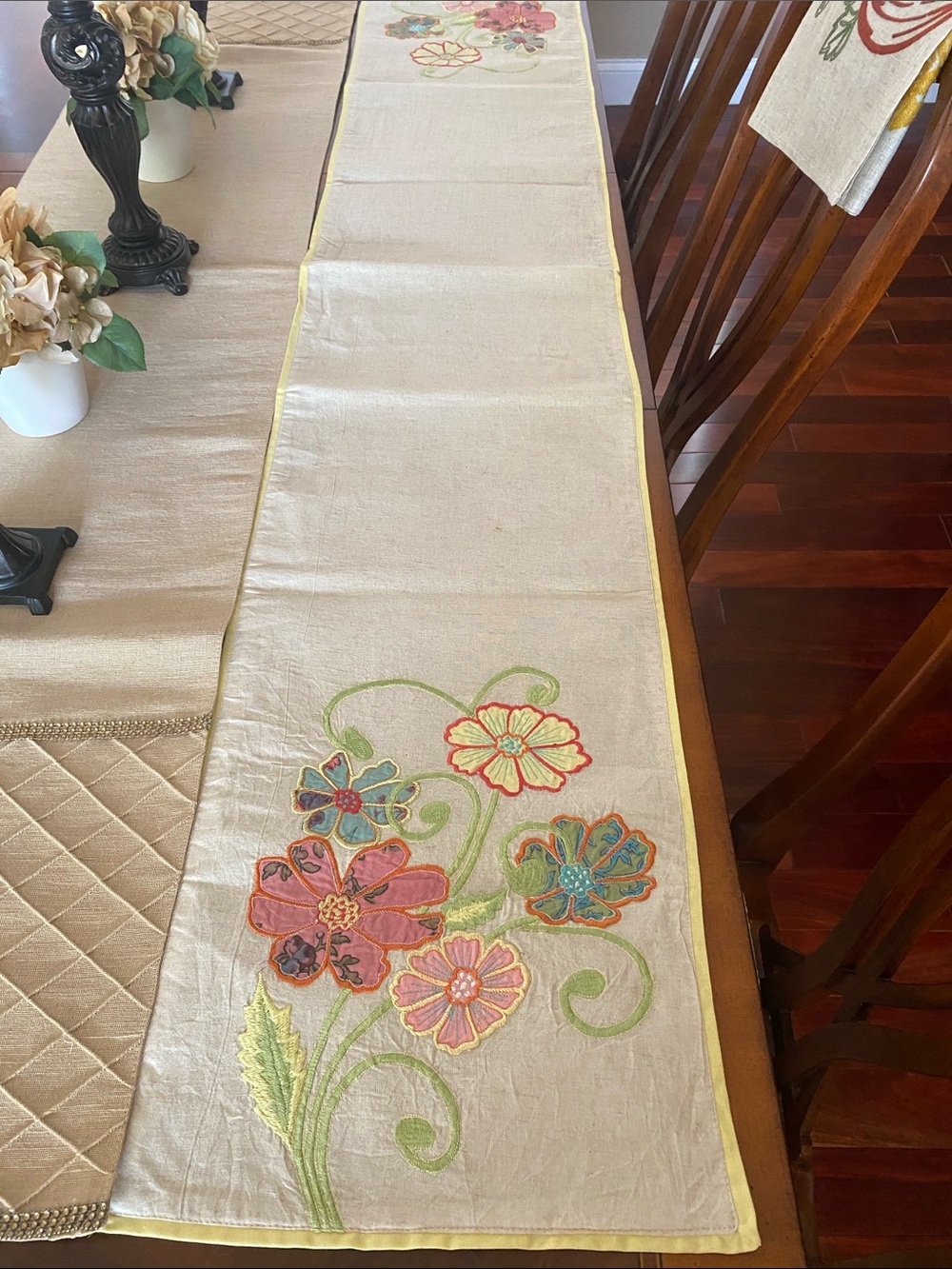 Cream Embroidered Floral Table Runner with Yellow Trim